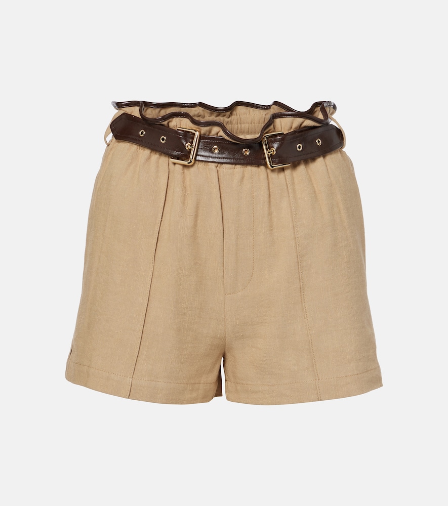 Belted faux leather-trimmed shorts