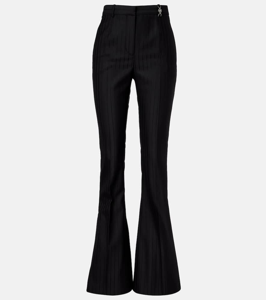 Versace Embellished Pinestripe Wool Flared Pants In Black