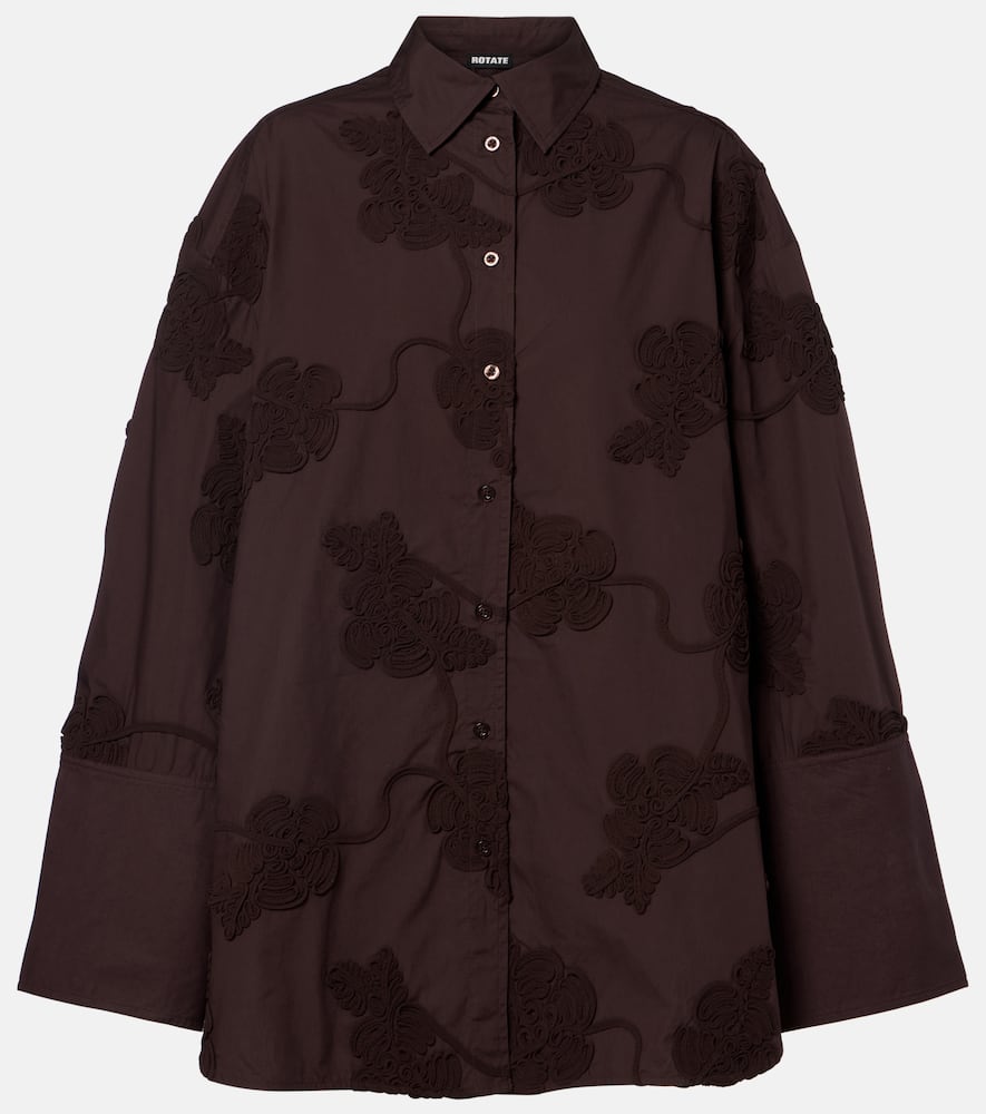 Rotate Birger Christensen Lipy Embroidered Oversized Cotton Shirt In Brown