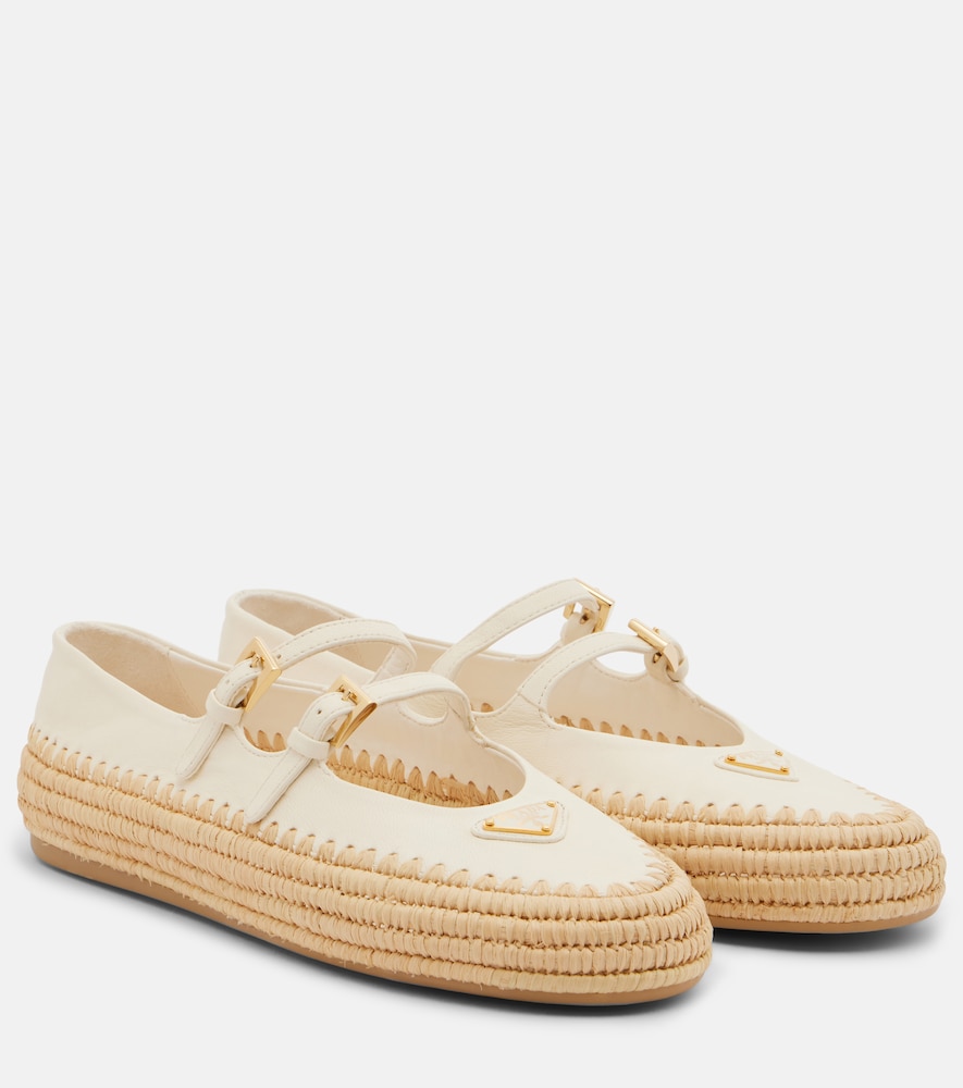 Prada Leather and raffia Mary Jane flats