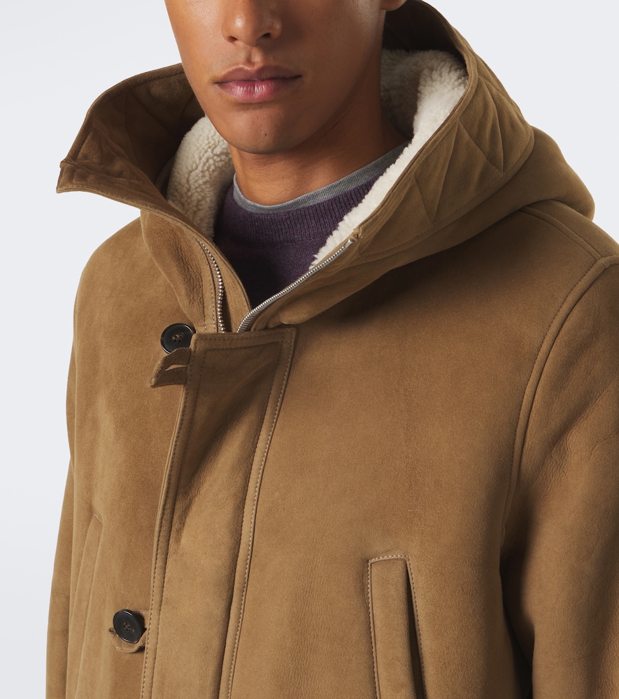 Hooded Shearling-Lined Suede Parka
