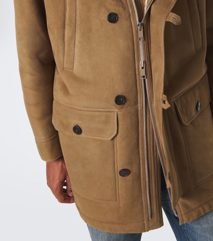 Hooded Shearling-Lined Suede Parka