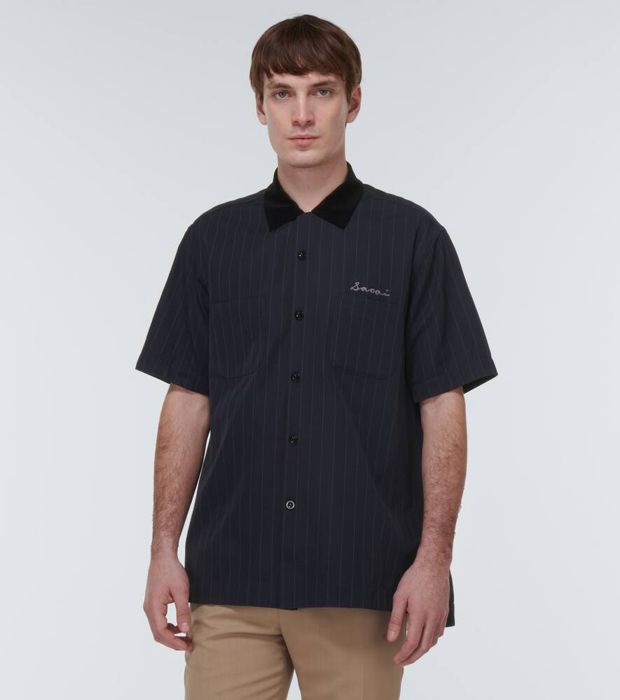 Sacai Striped Twill Bowling Shirt In Navy