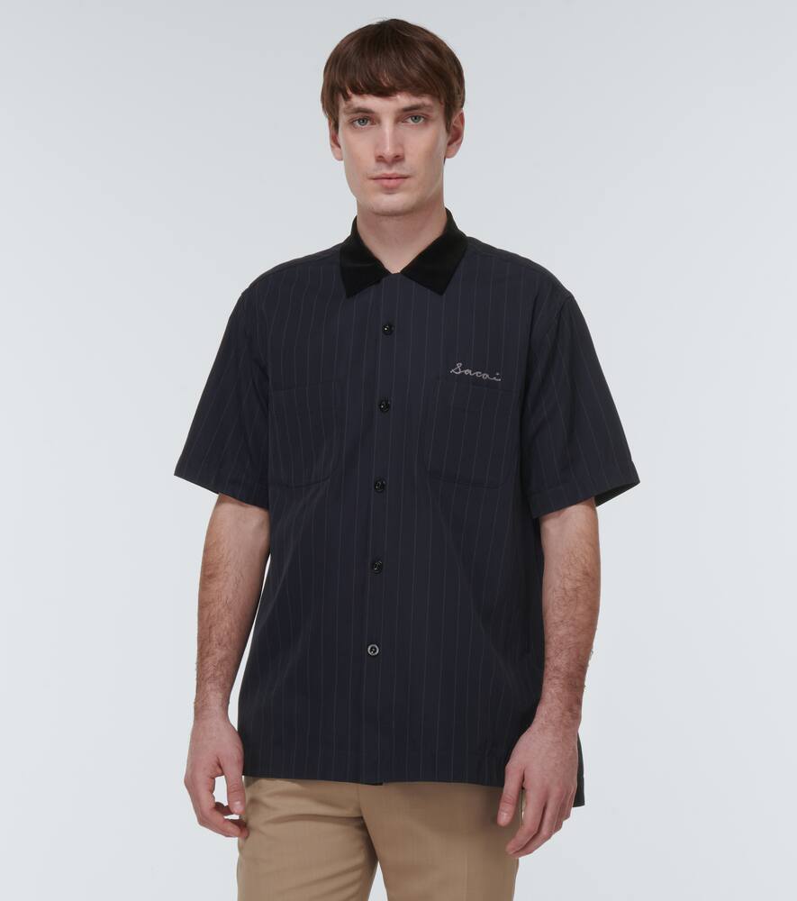 Shop Sacai Striped Twill Bowling Shirt In Navy