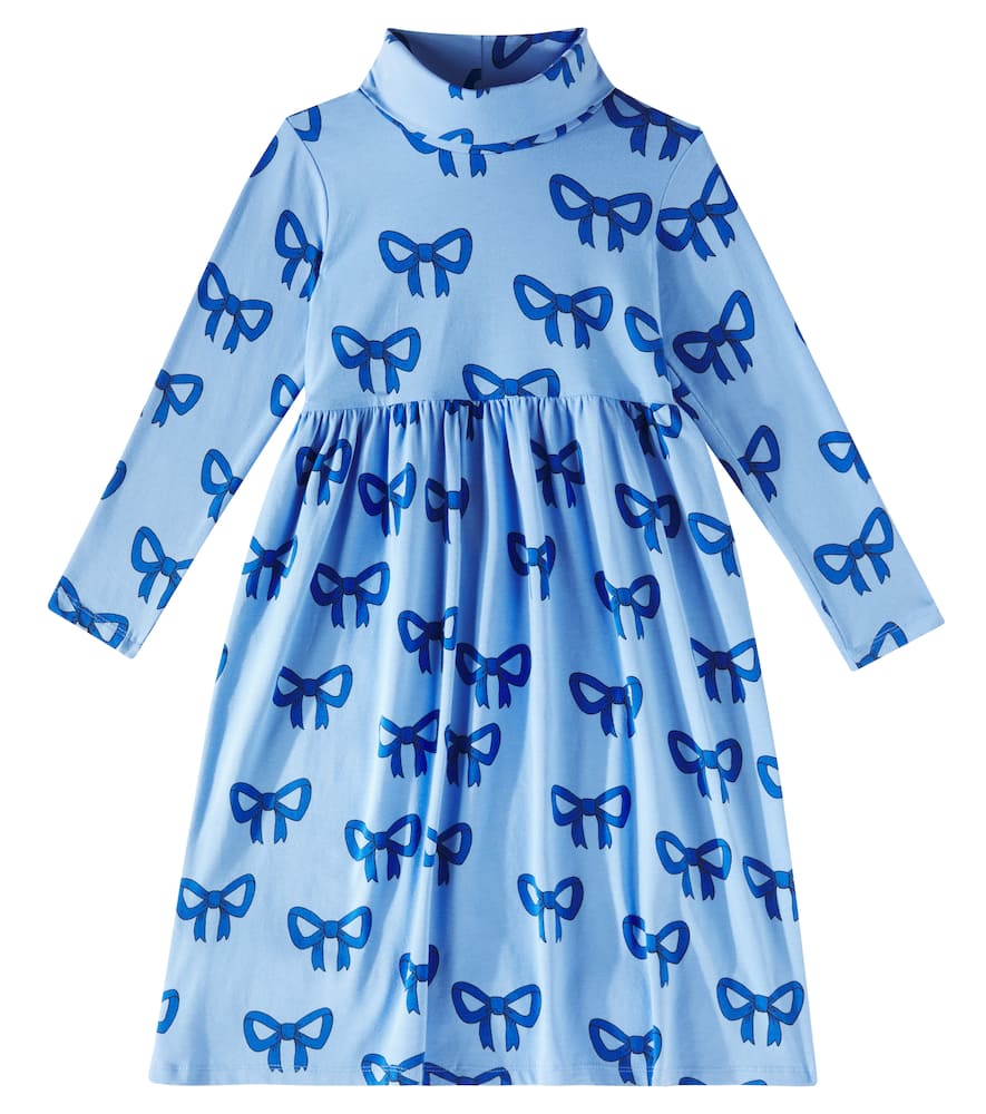 Mini Rodini Bow Turtleneck Cotton-blend Jersey Dress In Blue