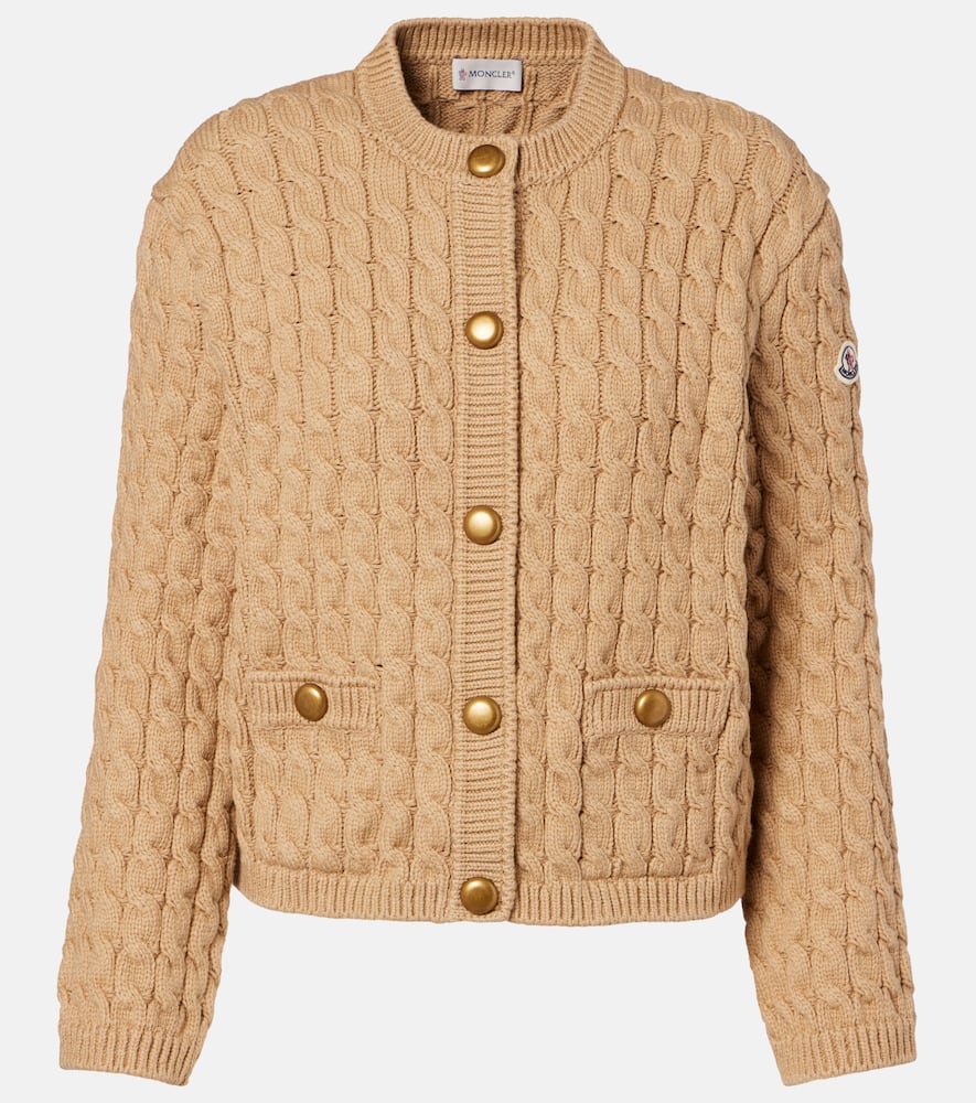 Moncler Cable-knit Cotton-blend Cardigan In Sand