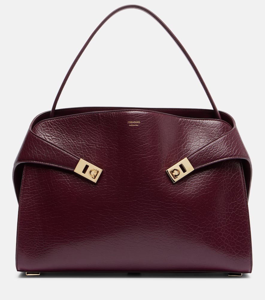 Ferragamo Hug Bordeaux Shoulder Bag With Logo Printed On Front In Hammered Leather Woman In Burgundy