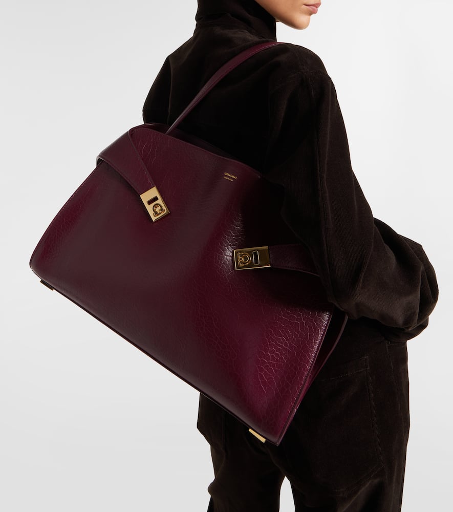 Ferragamo Hug Bordeaux Shoulder Bag With Logo Printed On Front In Hammered Leather Woman In Burgundy