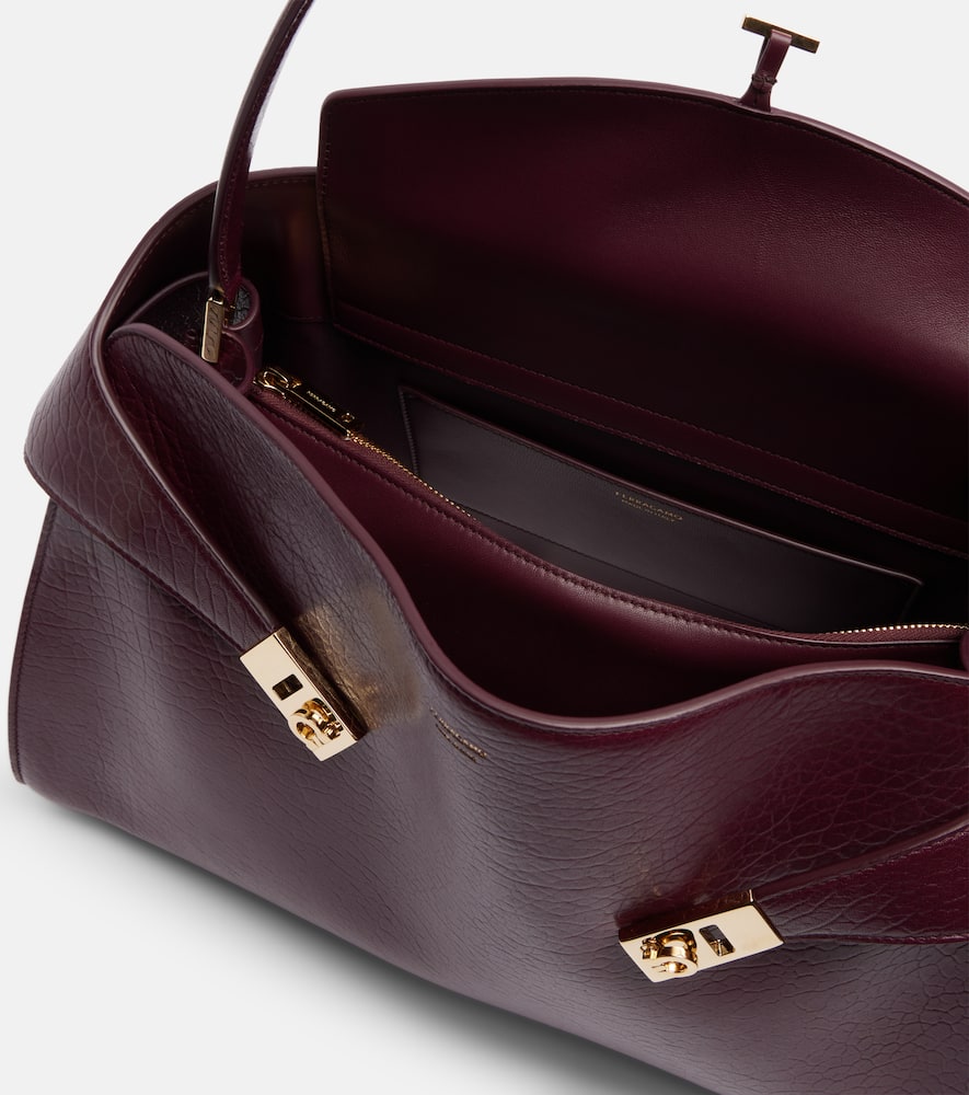 Ferragamo Hug Bordeaux Shoulder Bag With Logo Printed On Front In Hammered Leather Woman In Burgundy
