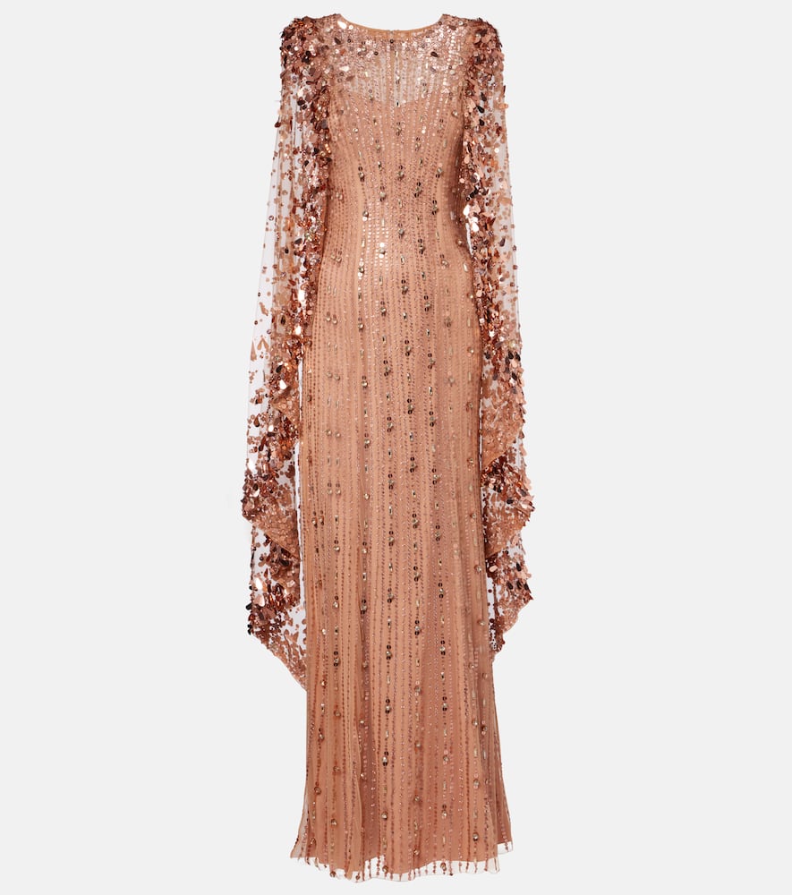 Jenny Packham Blaize Caped Embellished Gown In Brown