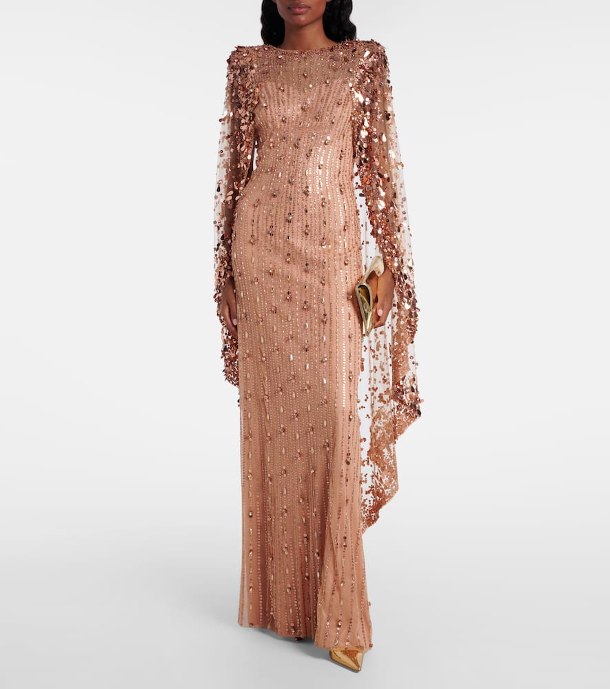 Jenny Packham Blaize Caped Embellished Gown In Brown