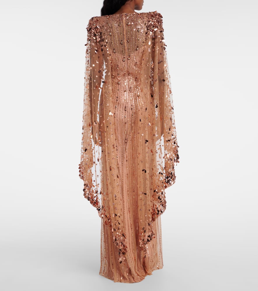 Jenny Packham Blaize Caped Embellished Gown In Brown
