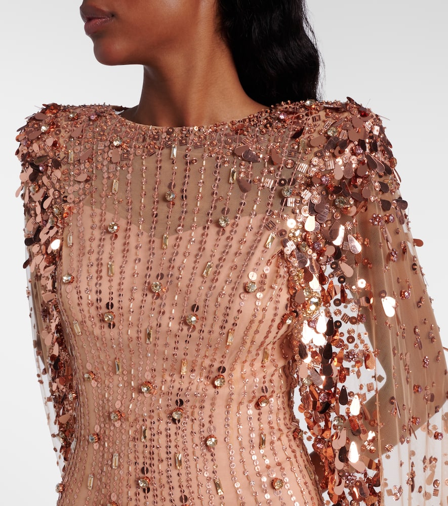 Jenny Packham Blaize Caped Embellished Gown In Brown