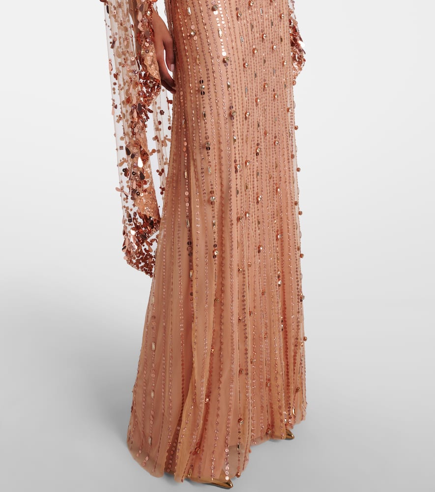 Jenny Packham Blaize Caped Embellished Gown In Brown