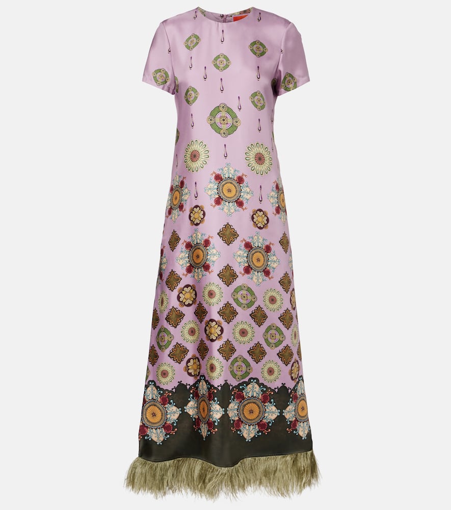 La Doublej Swing Feather-trimmed Printed Silk-twill Maxi Dress In Pink