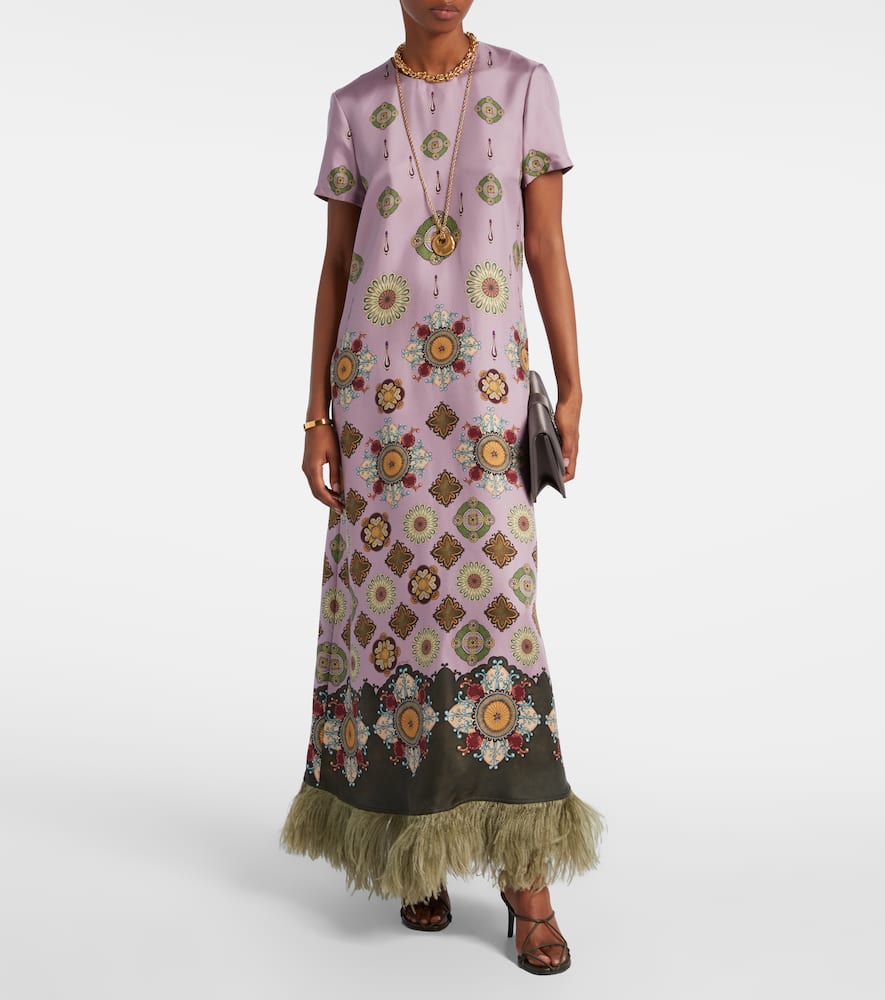 La Doublej Swing Feather-trimmed Printed Silk-twill Maxi Dress In Pink