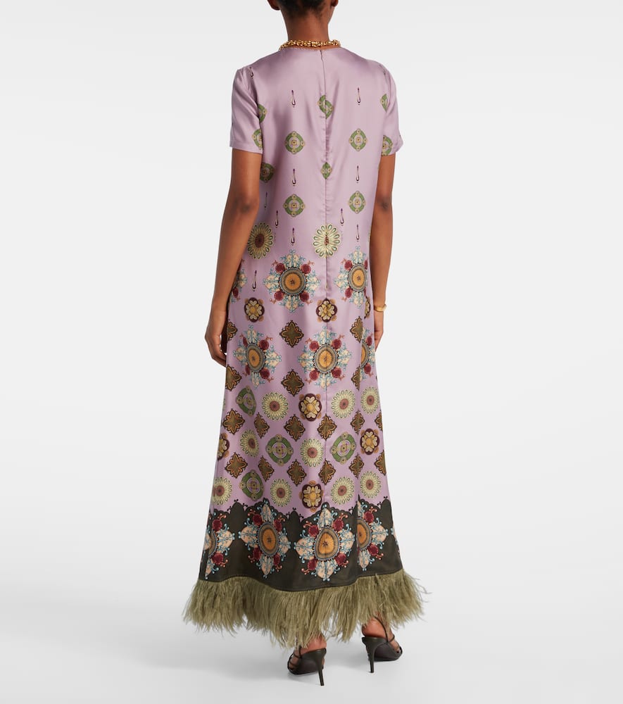 La Doublej Swing Feather-trimmed Printed Silk-twill Maxi Dress In Pink