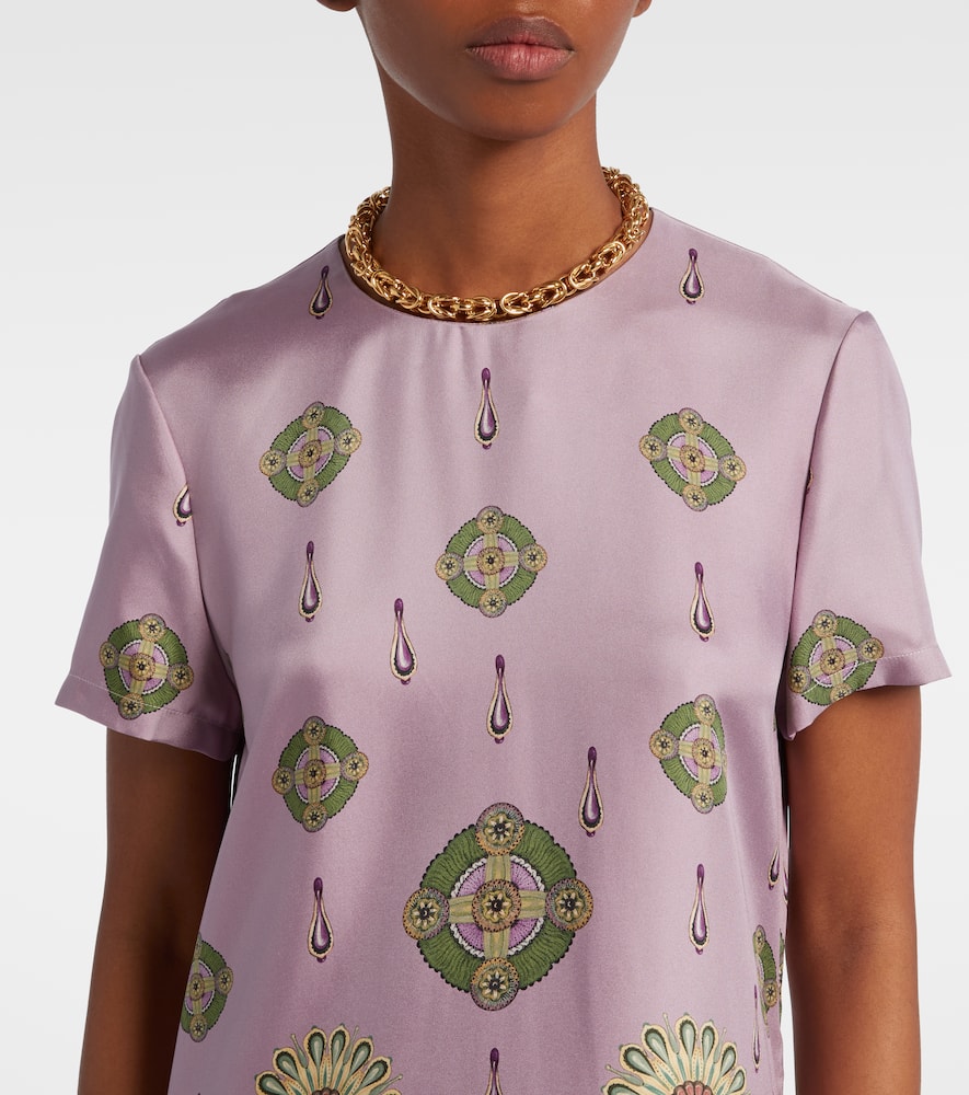 La Doublej Swing Feather-trimmed Printed Silk-twill Maxi Dress In Pink