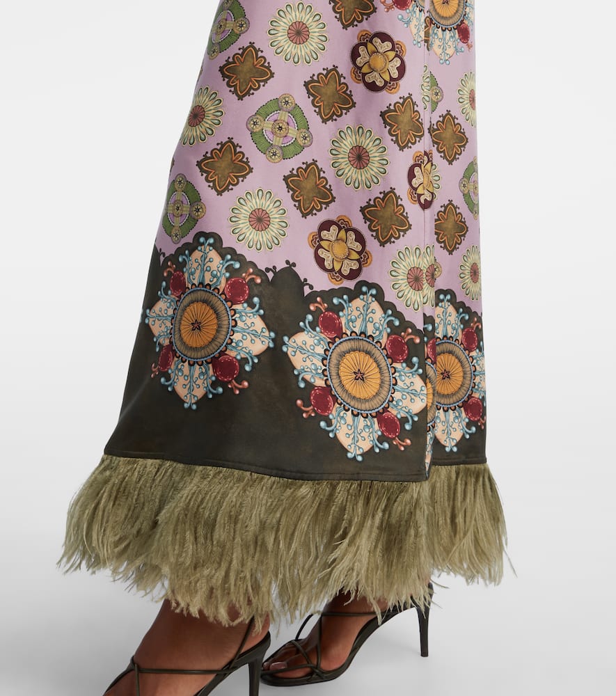 La Doublej Swing Feather-trimmed Printed Silk-twill Maxi Dress In Pink