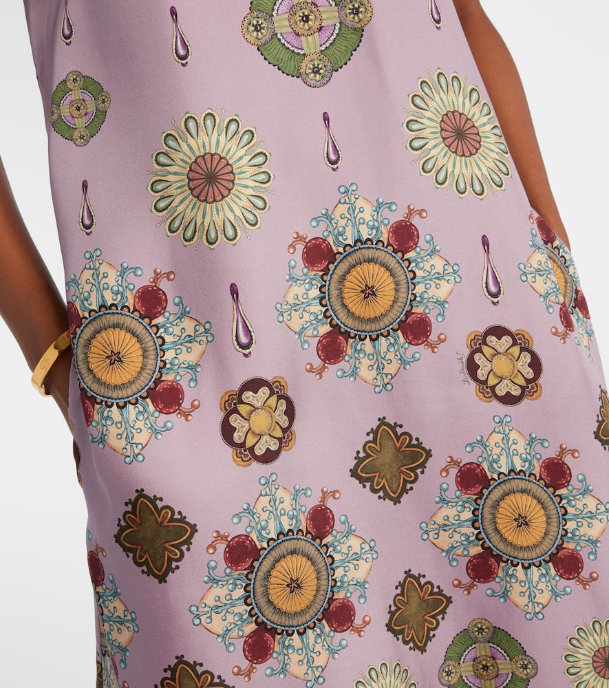 La Doublej Swing Feather-trimmed Printed Silk-twill Maxi Dress In Pink