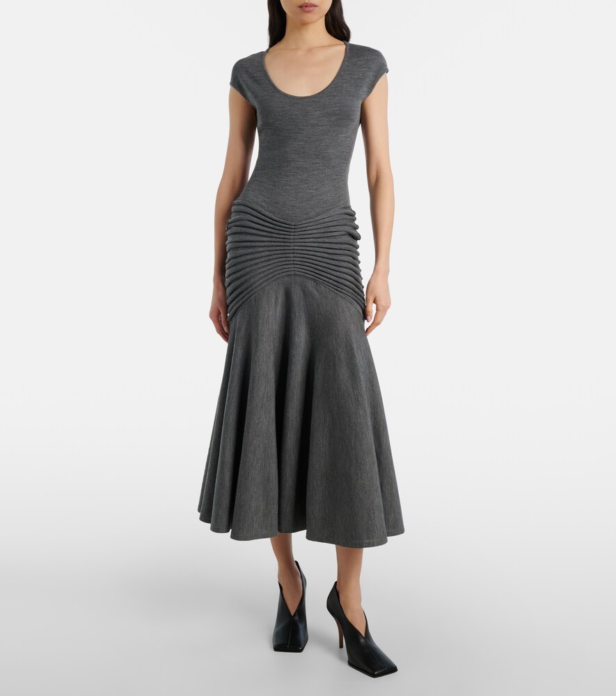 Alaïa Knitted Pleated Wool Midi Dress