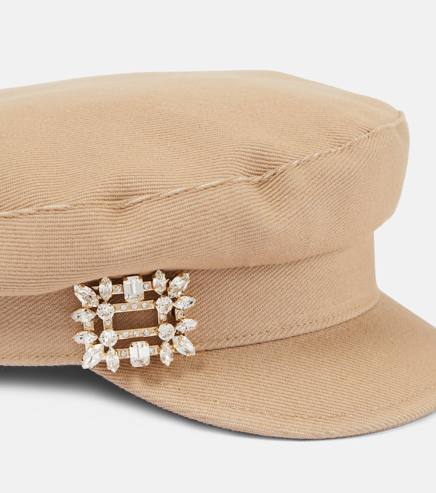 Shop Roger Vivier Broche Vivier Denim Newsboy Cap In Beige