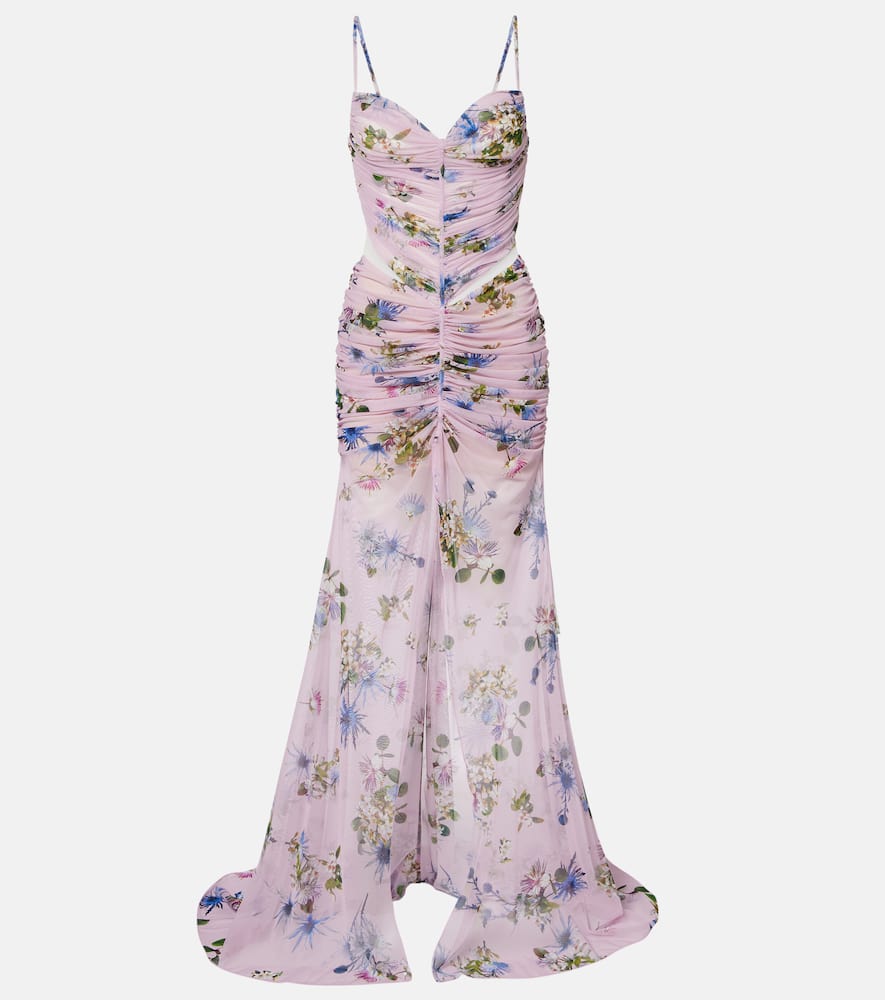 Blumarine Floral Ruched Sheer Gown In Purple