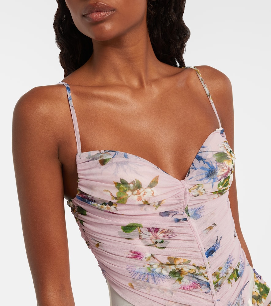 Blumarine Floral Ruched Sheer Gown In Purple
