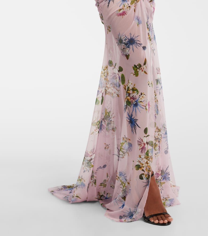 Blumarine Floral Ruched Sheer Gown In Purple