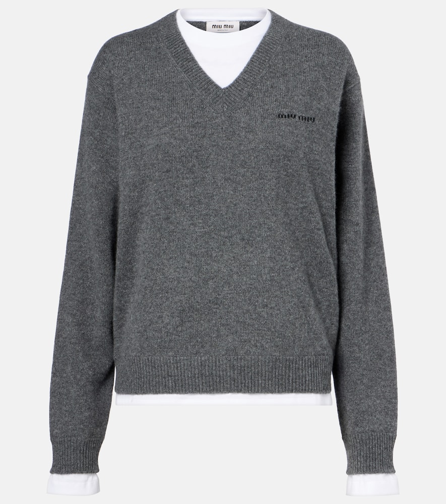 Miu Miu Cashmere Sweater With Contrasting Inserts In Gray