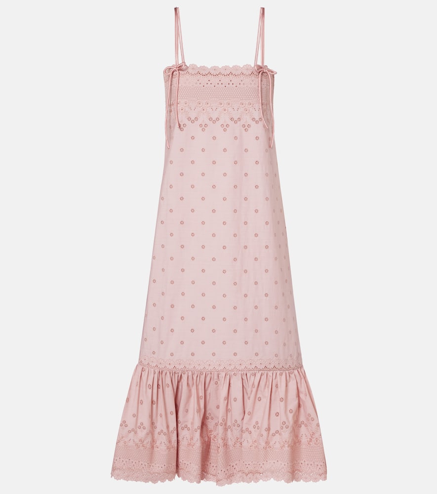 Valentino Broderie Anglaise Silk-trimmed Cotton Midi Dress In Pink