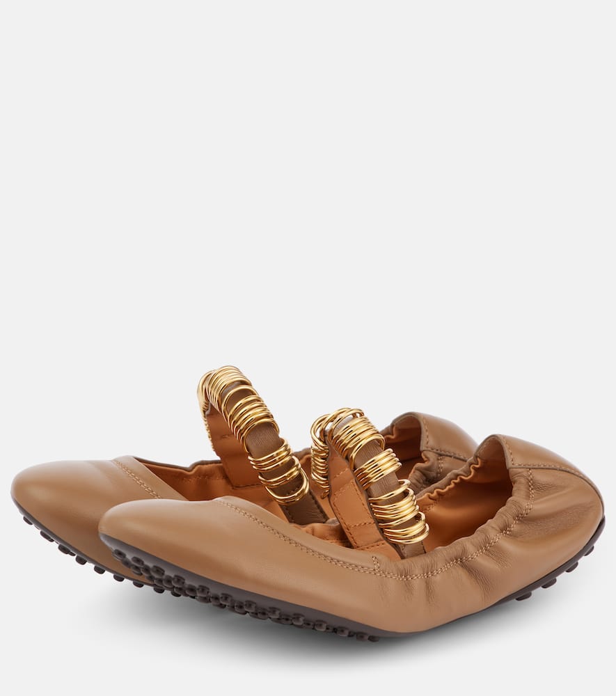 Tod's Embellished Leather Mary Jane Flats In Brown