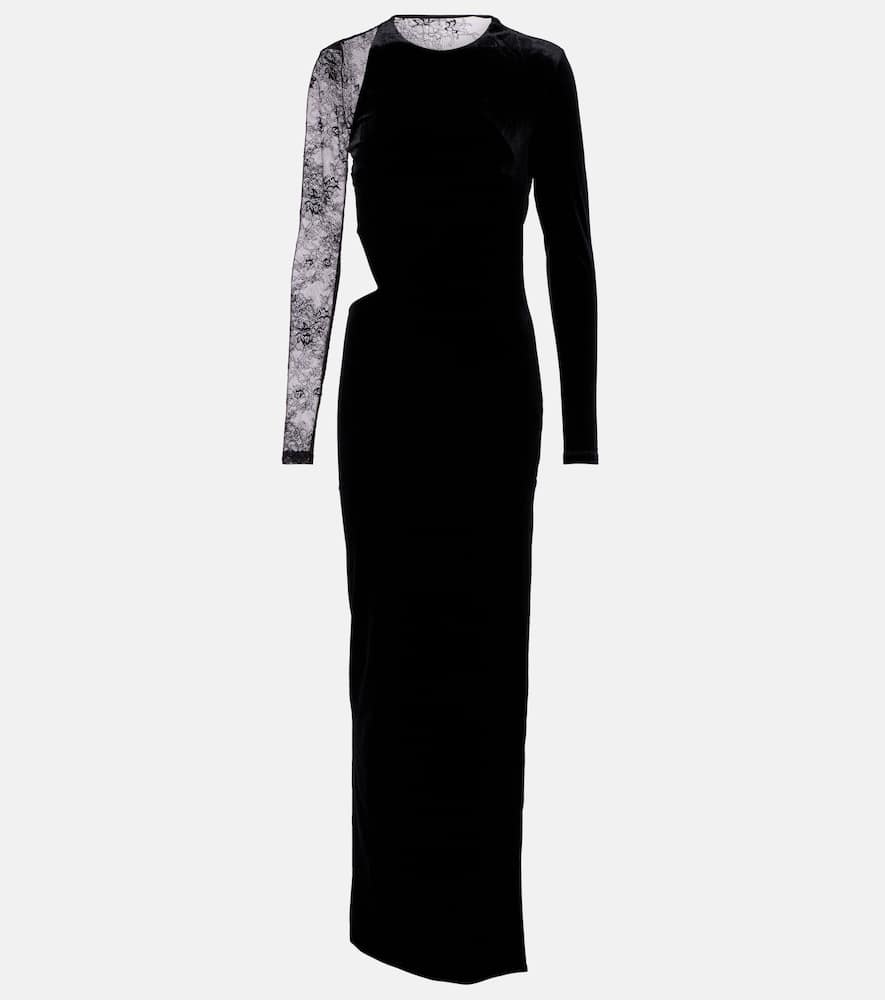 Self-portrait Cutout Lace-trimmed Velvet Maxi Dress In Black