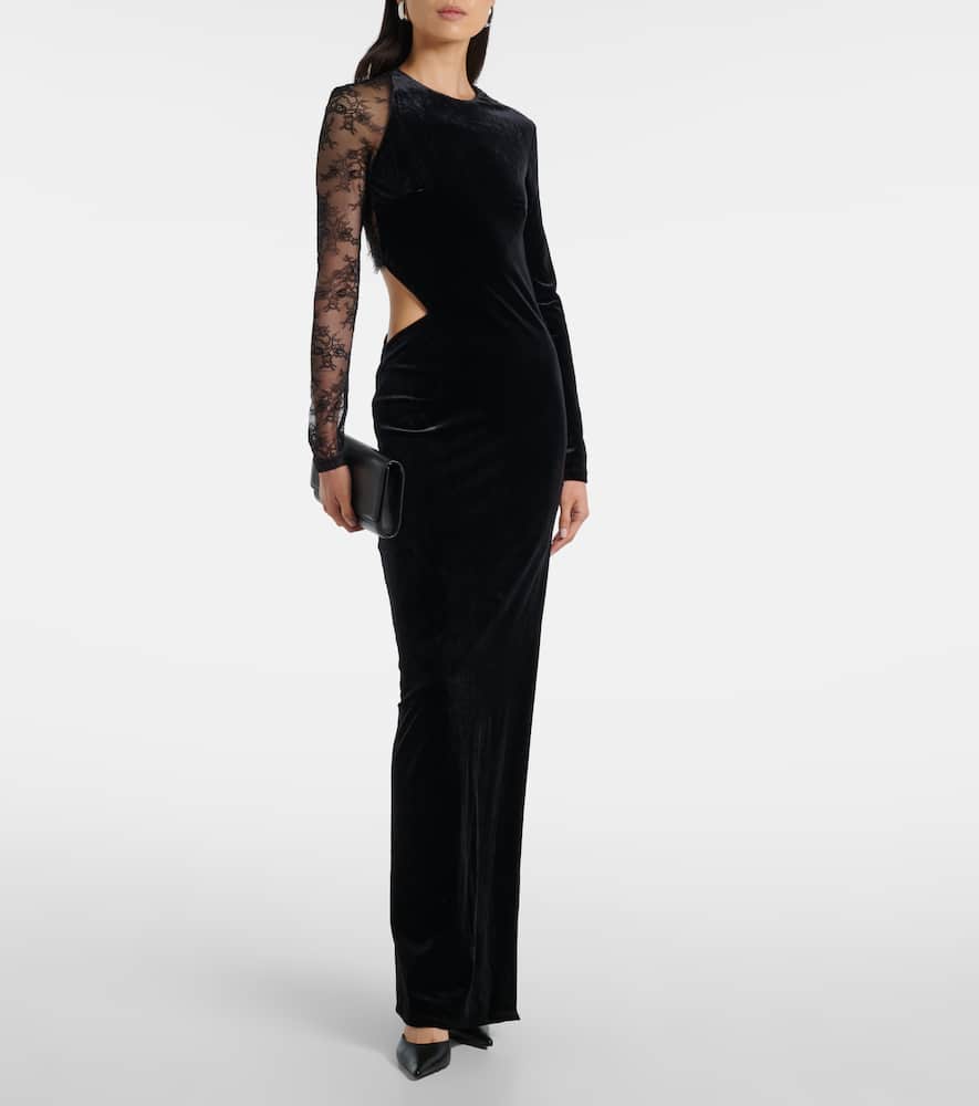 Self-portrait Cutout Lace-trimmed Velvet Maxi Dress In Black