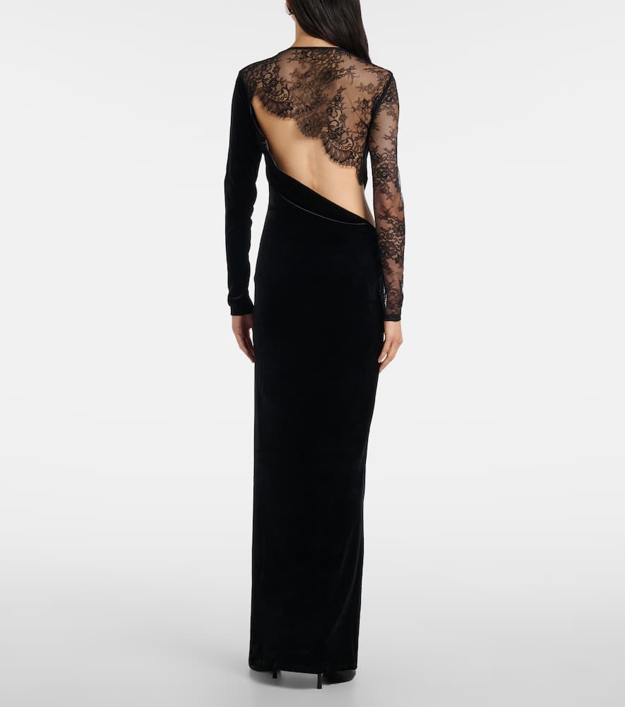 Self-portrait Cutout Lace-trimmed Velvet Maxi Dress In Black