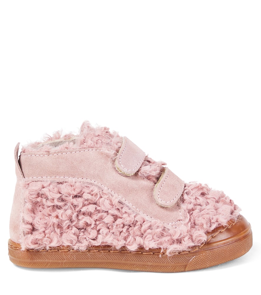Pèpè Faux Shearling And Suede Sneakers In Pink
