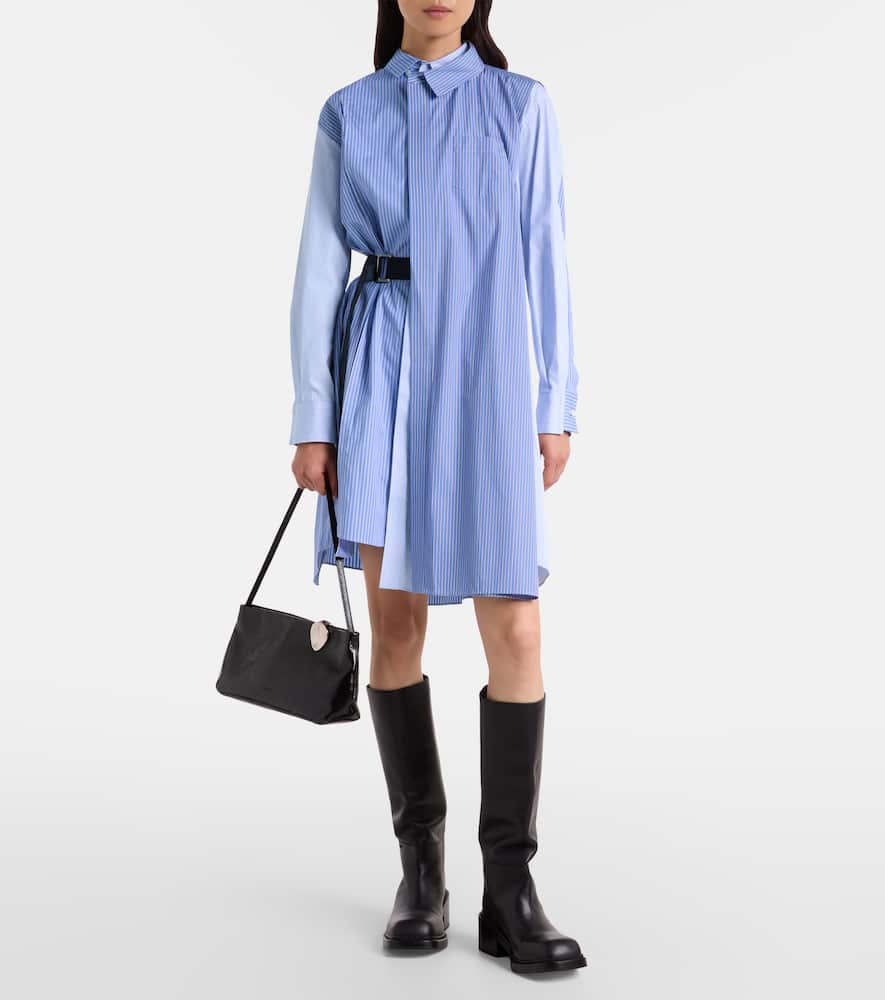 Sacai Womens Stripe Mix Stripe-print Belted Cotton-poplin Shirt Dress In Blue