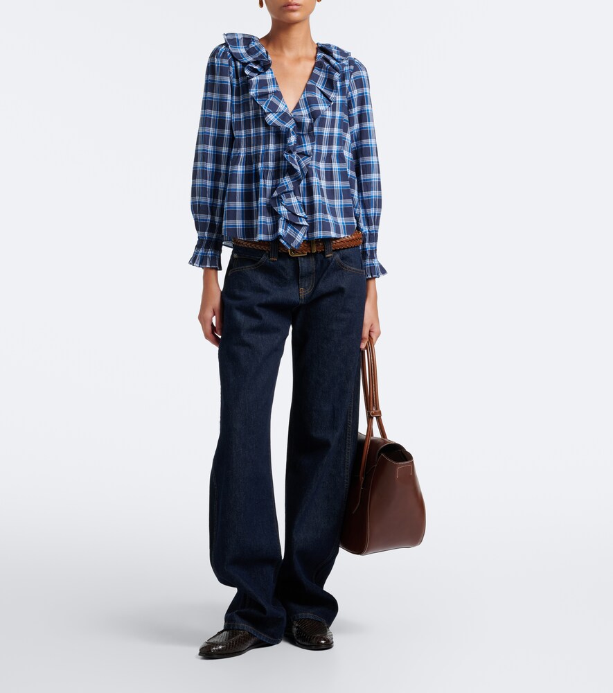 Dôen Hardy Plaid Ruffled Cotton Blouse