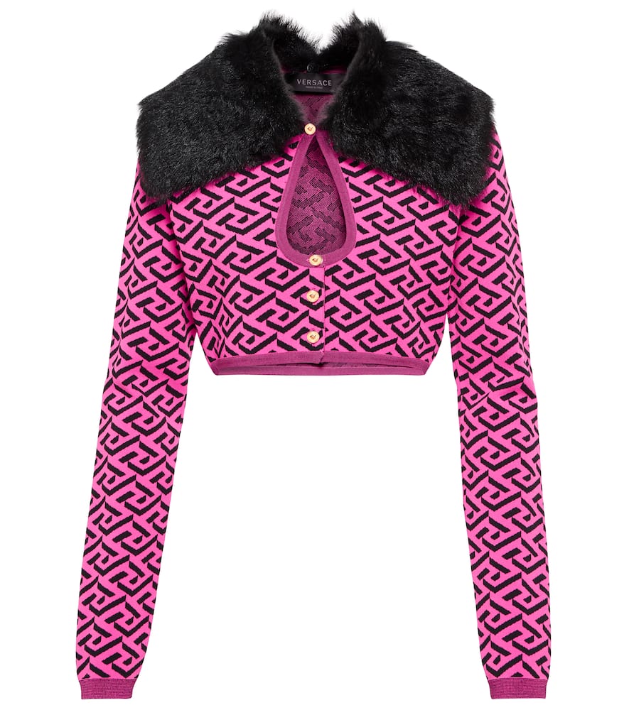 Versace La Greca faux fur-trimmed cardigan