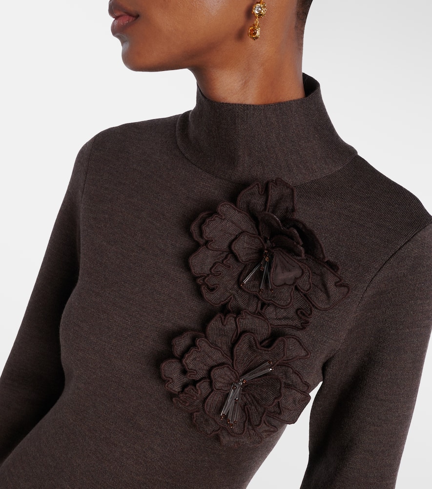 Oscar De La Renta Floral-appliqué Wool-blend Midi Dress In Brown