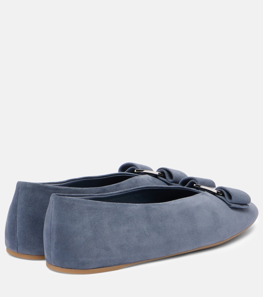 Ferragamo Grey Leather Ballerinas With Bow Accent In Blue