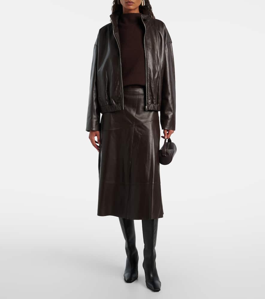 Yves Salomon Leather Midi Skirt In Brown