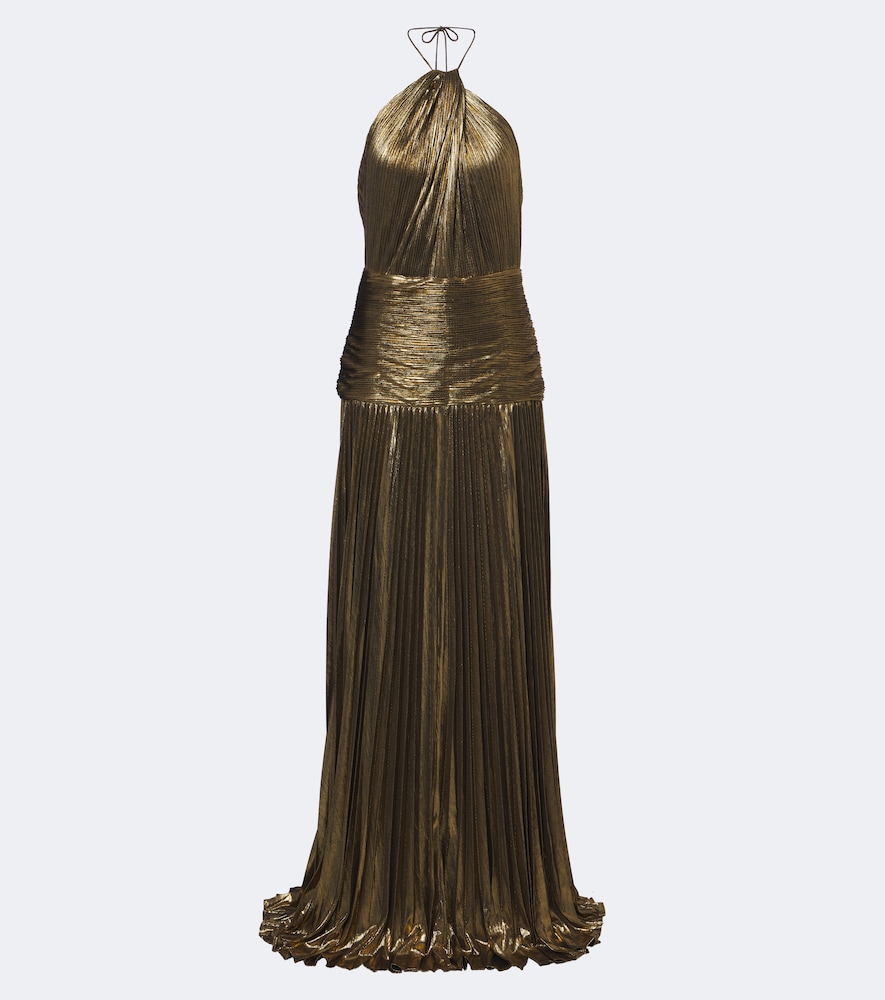 Retroféte Retrofête Thalia Plissé Halterneck Lamé Gown In Gold