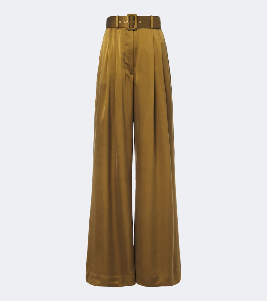 Zimmermann Belted Pleated Silk Wide-leg Pants In Green