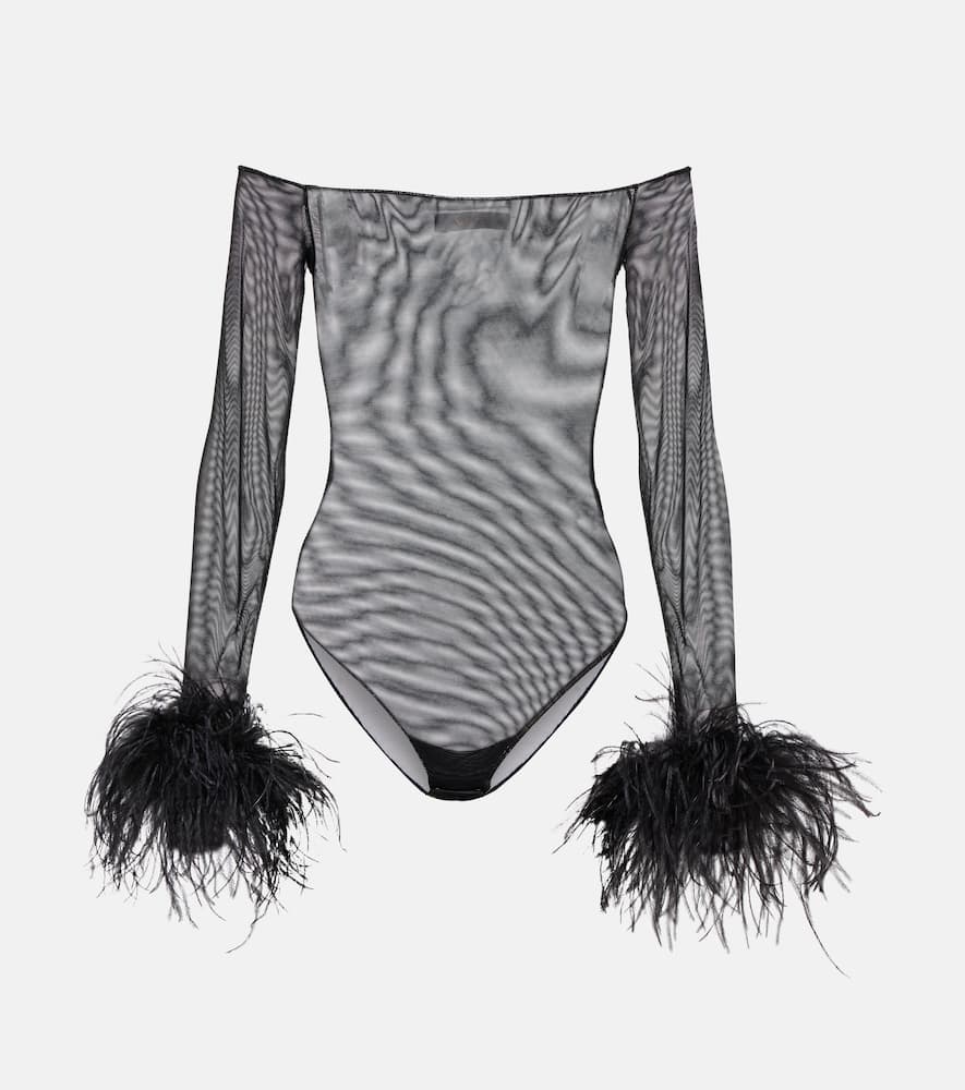 Oséree Feather-trimmed mesh bodysuit