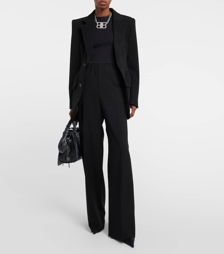 Shop Balenciaga Logo Mid-rise Wide-leg Wool Pants In Black