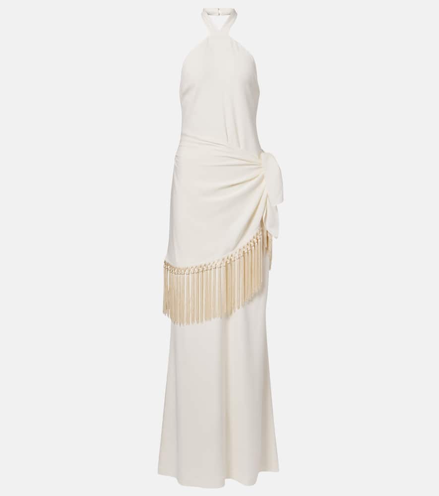 Meteora fringed halterneck crêpe cady gown