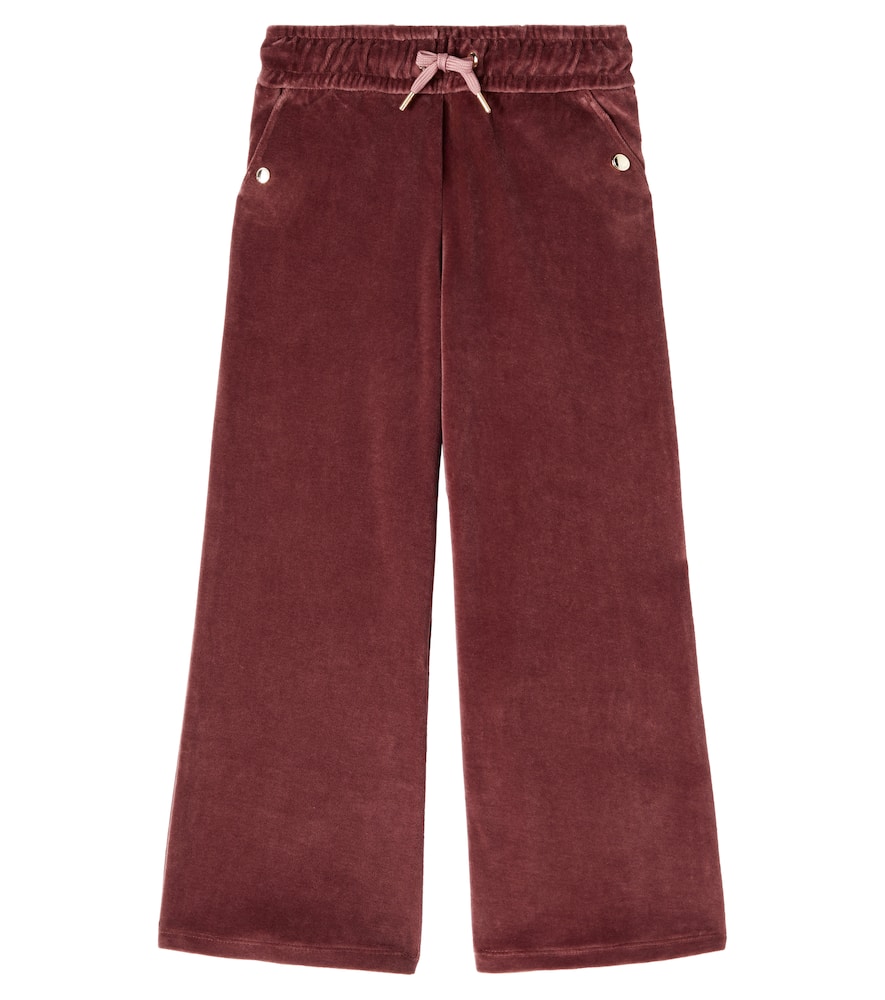 Chloé Kids Logo Cotton Velvet Sweatpants In Burgundy