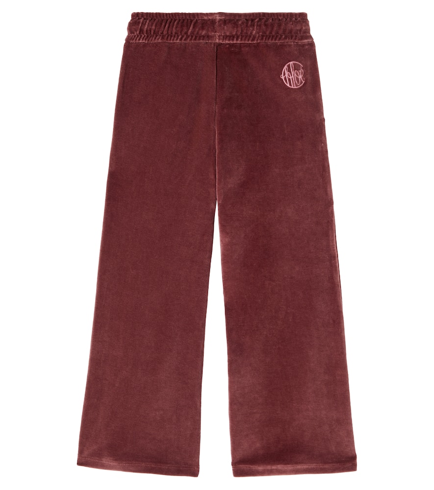 Chloé Kids Logo Cotton Velvet Sweatpants In Burgundy