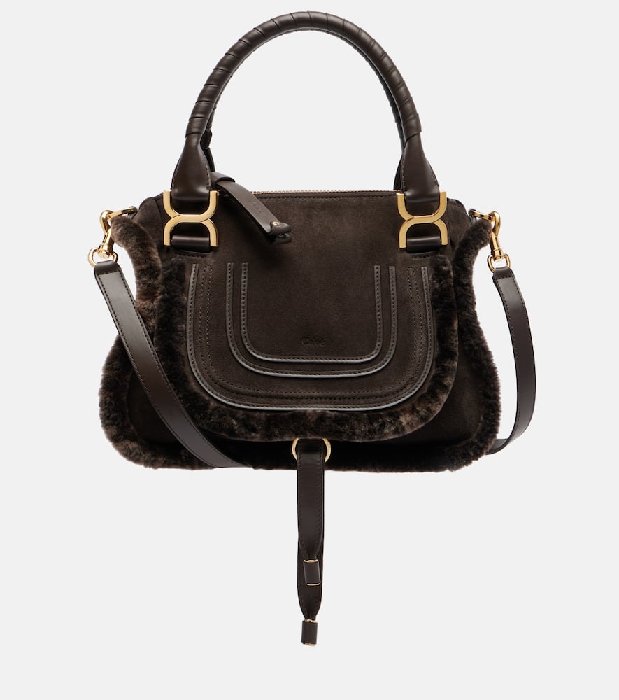 Chloé Marcie Small Shearling-trimmed Suede Tote Bag In Brown